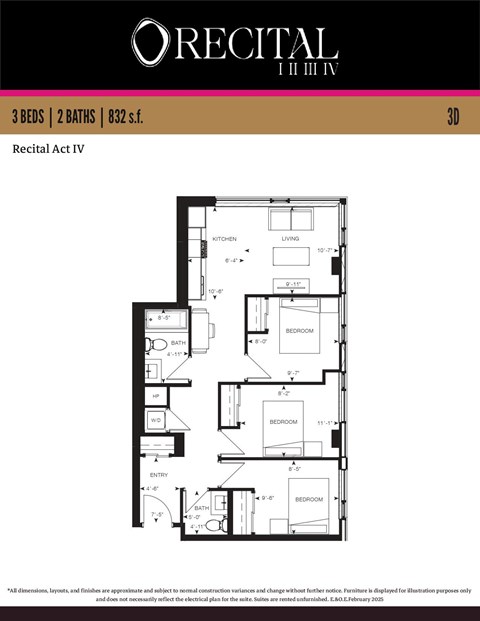 A floor plan for the Recital Act IV, a 3 bedroom, 2 bathroom apartment.